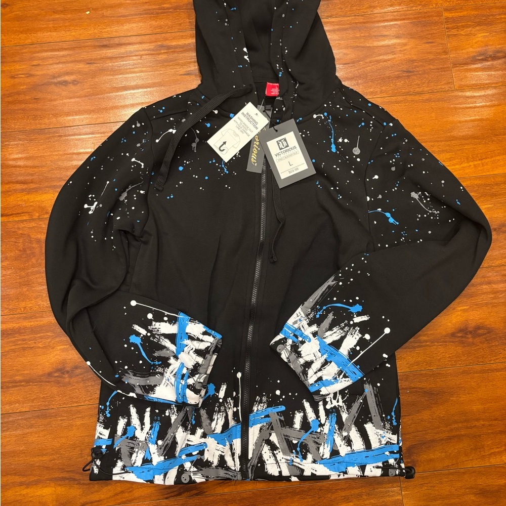 Black Hoodie with Blue and White Paint Splatter